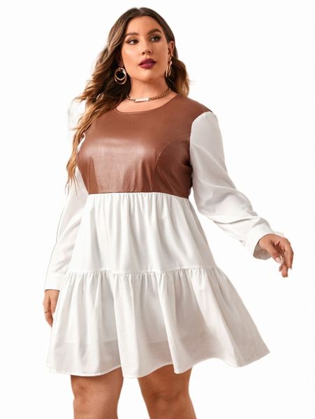 

plus two tone pu leather bodice ruffle hem dress s7eb#, Black