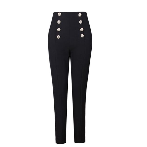 Sıcak satış popüler stil zarif kadınlar düz renkli siyah beyaz düğmeler ince penci pantolonlar tüm eşleşme ayak bileği uzunluğu capris 201112