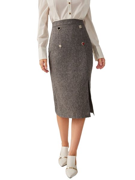 

marled fake button split thigh skirt a44p#, Black