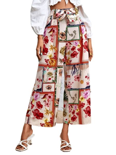 

floral print belted wide leg pants c89k#, Black;white