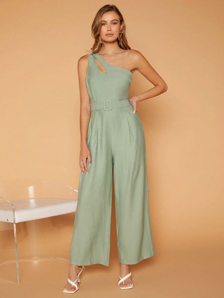 

one shoulder cut out belted wide leg jumpsuit a6nd#, Black;white