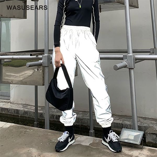 

flash neon reflective pants for women fashion joggers woman loose reflective pants baggy trousers korean casual gray sweatpants t200516, Black;white