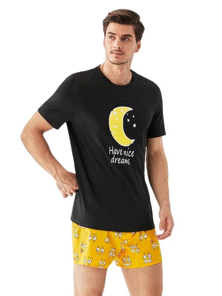 

men moon & slogan graphic pajama tee p1zb#, Black;brown