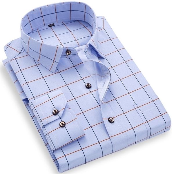 

long sleeve men's plaid casual shirts regular fit blue gray checked thin summer light weight social work business dress shirt 220322, White;black