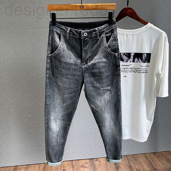 

men's jeans designer hong kong jeans men's spring slim fit grey tapered red ear tannin versatile handsome pants youth n062, Blue