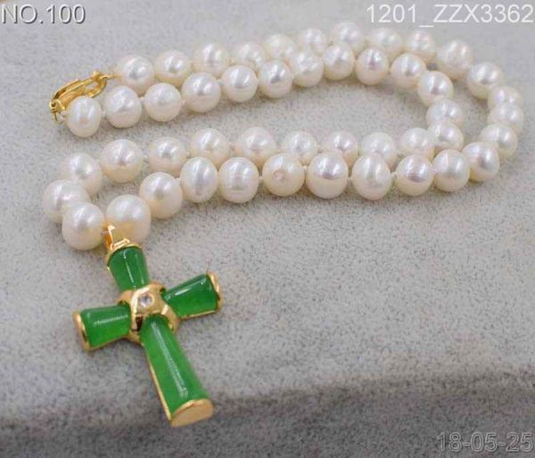

natural freshwater pearl white 8-9mm necklace has flower jade cross pendant 18&quot, Silver