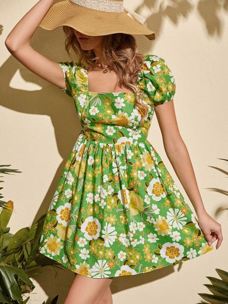 

floral print square neck tie backless puff sleeve dress v2uw#, Black;gray