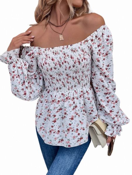 

ditsy floral print off shoulder peplum blouse g90s#, White