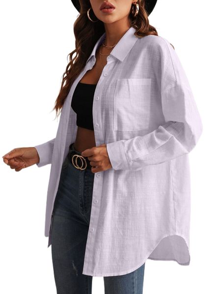 

pocket patched button front drop shoulder blouse h1yv#, White