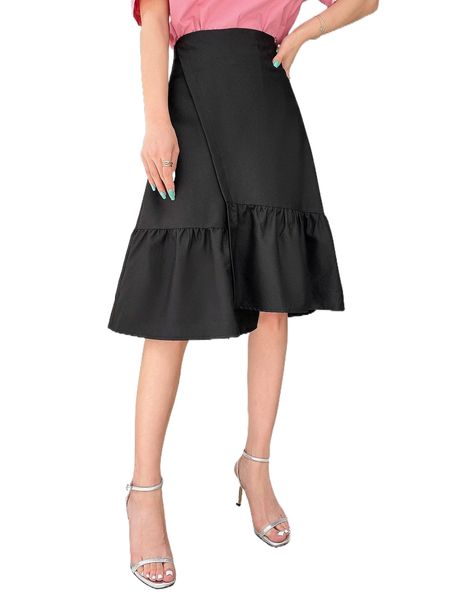 

dazy high waist asymmetrical ruffle hem skirt 144q#, Black