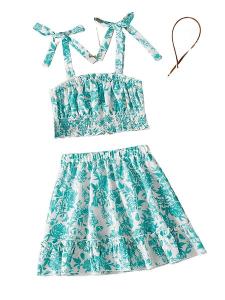 

floral tie shoulder cami with skirt 78e6#, White