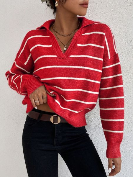 

striped notched drop shoulder sweater t8zl#, White;black