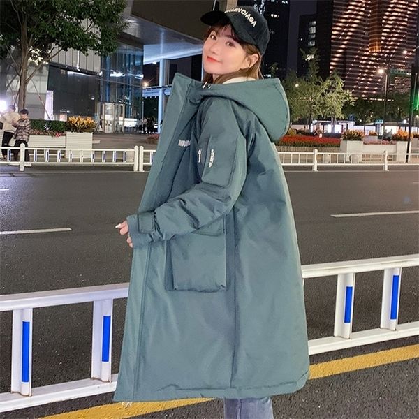 

womens winter jackets xlong winter coat for women hooded korea style thick solid plus size big pocket loose parkas female 201210, Black
