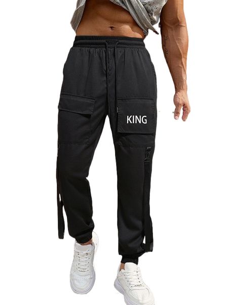 

men letter graphic strap detail drawstring waist cargo pants p0rr#, Black