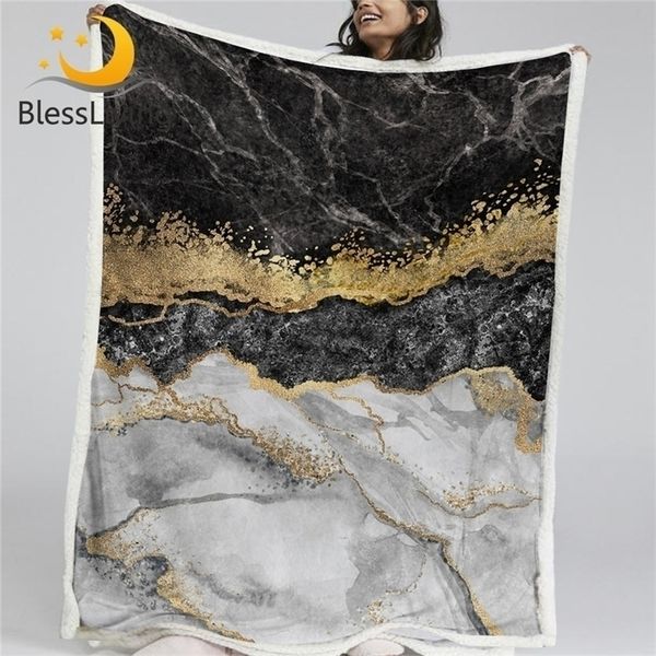 BlessLiving Marmormuster Sherpa Fleece Decke Schwarz Weiß Goldfolie Bettdecke Abstrakte Kunst Überwurfdecke Mantas De Cama 201113