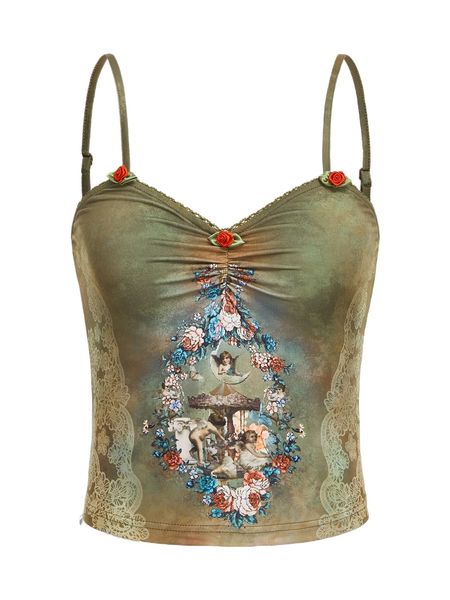 

floral & figure graphic ruched cami without gloves x6lf#, White