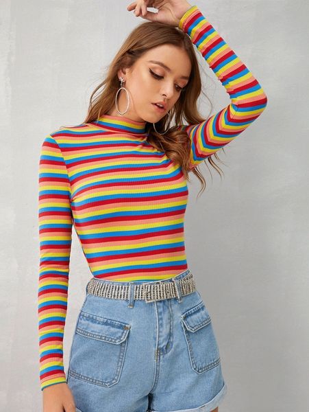 

mock-neck rib-knit striped tee m4eu#, White