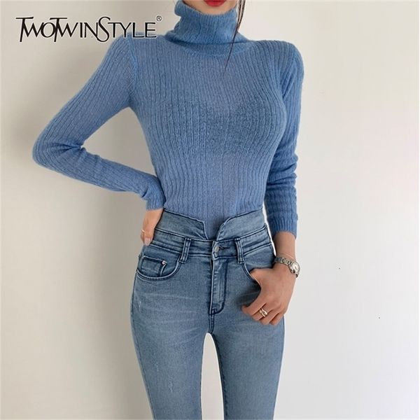 

twotwinstyle white korean knitted sweater for women turtleneck long sleeve autumn slim pullover female clothing fashion 201222, White;black