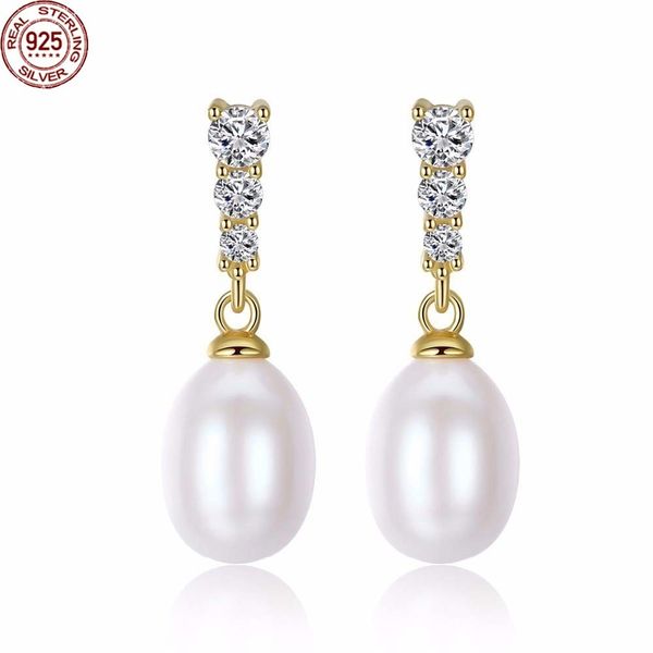 

new babiqu brand natural freshwater pearl stud earrings real 925 sterling silver, Golden;silver