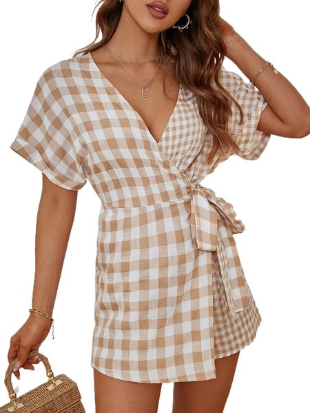 

simplee wrap tie side gingham romper b1z8#, Black;white