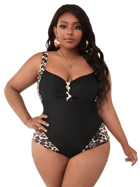 

plus leopard trim one piece swimsuit s0oj#, White;black