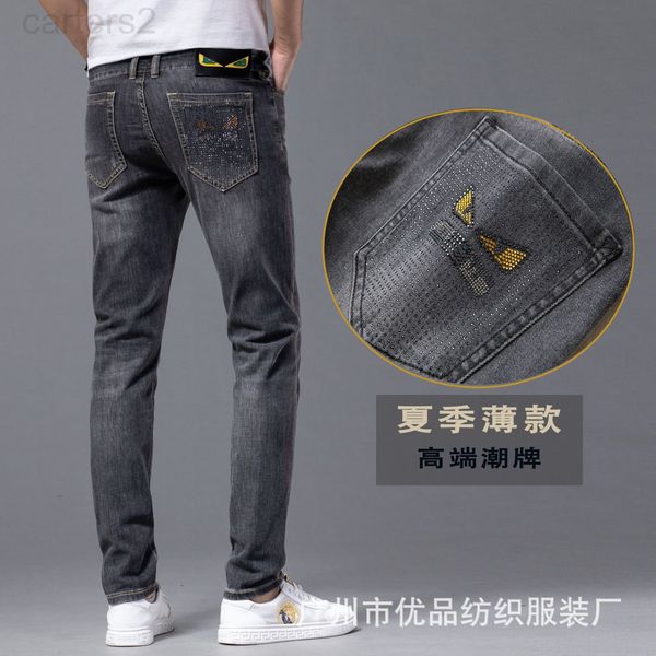 

men's jeans designer summer slim skinny fashion brand diamond thin men's jeans small straight elastic ox0o, Blue