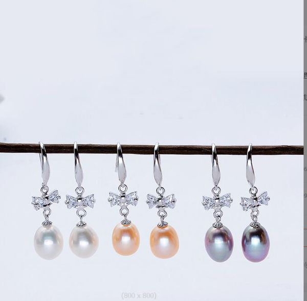 

925 silver zircons bow ear hook dangle & chandelier natural freshwater pearl earrings white purple pink lady/girl fashion jewelry