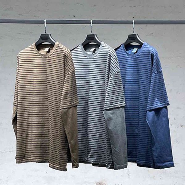 

men's t-shirts high street ins batik edging stripe fake two long sleeved t-shirts for men and women washed old bottoms 3rv9, White;black