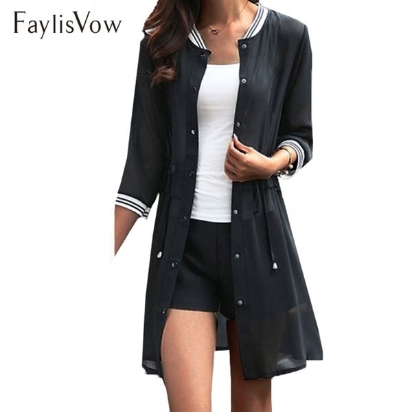 

plus size summer autumn kimono long sleeve breathable chiffon blouse women baseball jackets laceup shirts cardigan y200828, White