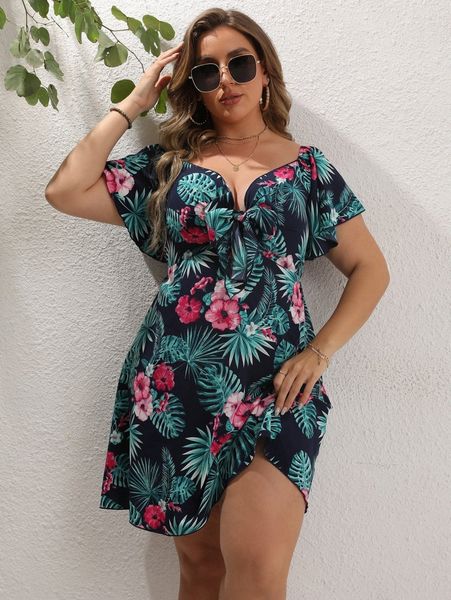 

plus tropical print sweetheart neck knot bust a-line dress o6cv#, Black