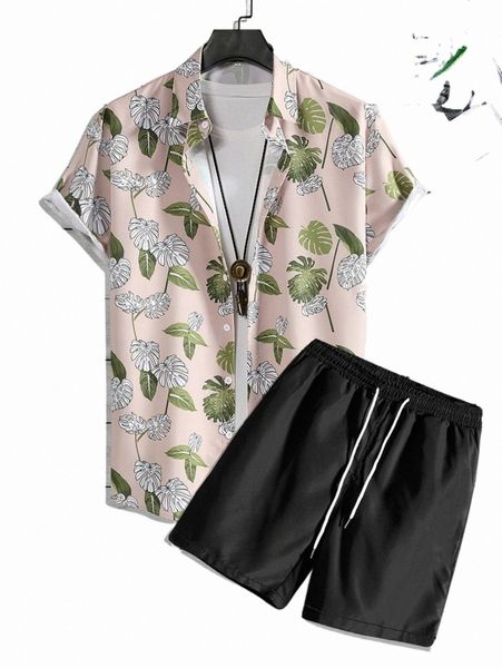 

men tropical print shirt & drawstring waist shorts without tee n28d#, Gray