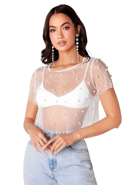 

pearls beaded mesh without bra j7c5#, White