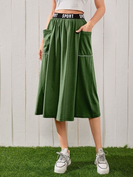 

letter tape waist contrast binding pocket patched skirt f0x3#, Black