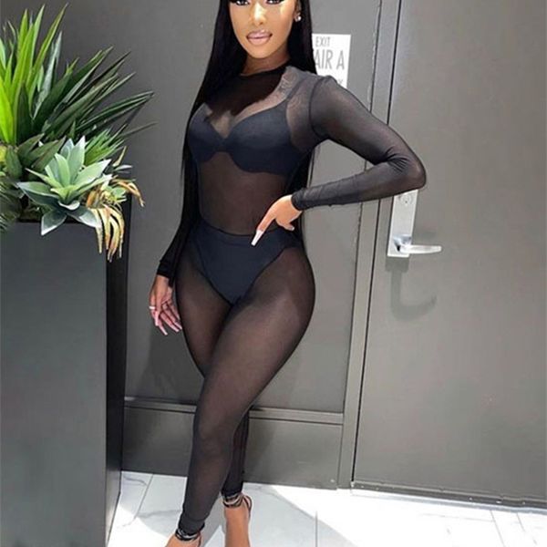 

kliou sheer mesh jumpsuit women autumn sheath patchwork midnight style one pieces see through cleavage female clubwear 220412, Black;white