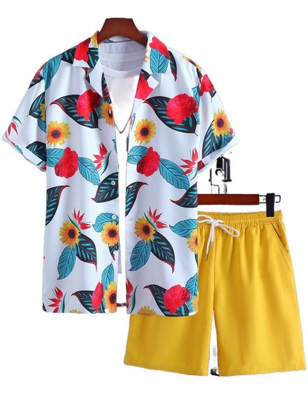 

men random floral print shirt & drawstring waist shorts without tee 33mg#, Gray