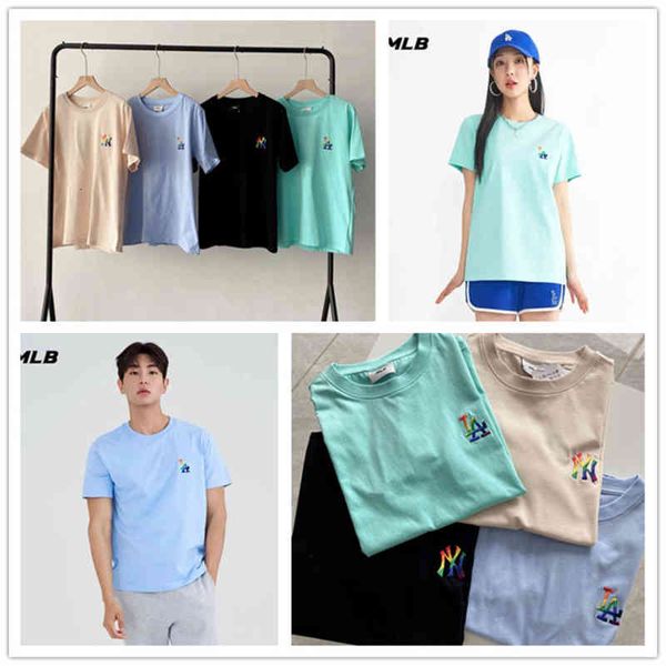 

women's t-shirt korea mlb round neck loose casual men and women lovers color letters ny embroidery half sleeve t-shirt summer short yd3, White