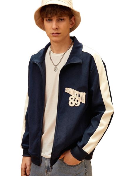 

men letter embroidered colorblock drop shoulder jacket l7ku#, Black;brown
