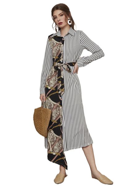 

vertical striped & chain print belted shirt dress h3fg#, Black;gray