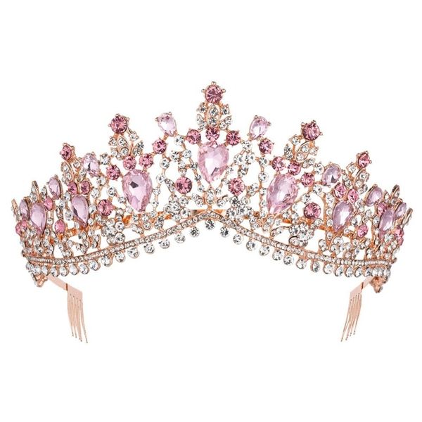

baroque rose gold pink crystal bridal tiara crown with comb pageant prom rhinestones veil headband wedding hair accessories 220804, Slivery;golden
