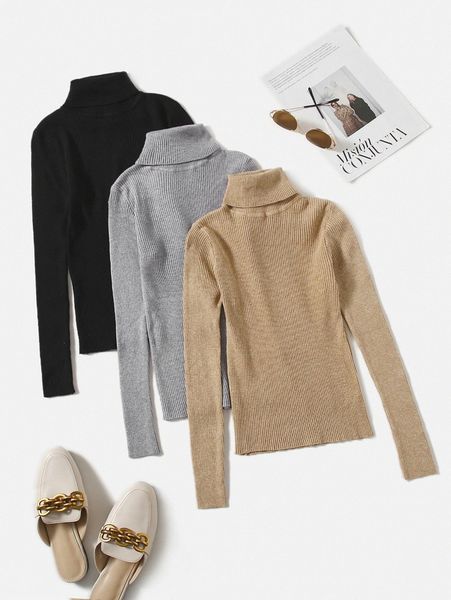 

3pcs turtle neck ribbed knit sweater w1vs#, White;black