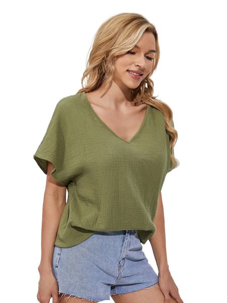 

solid v neck batwing sleeve r2w2#, White