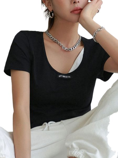 

dazy letter patched detail 2 in 1 tee 05gu#, White