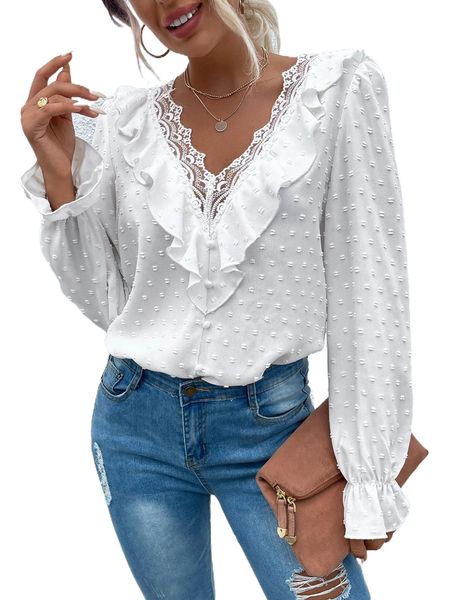 

swiss dot lace trim ruffle blouse p4lt#, White