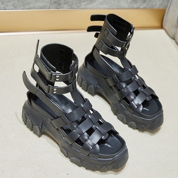 

high heels women gladiator sandals fashion 2022 summer casual weave genuine leather platforms shoes woman p20d50, Black