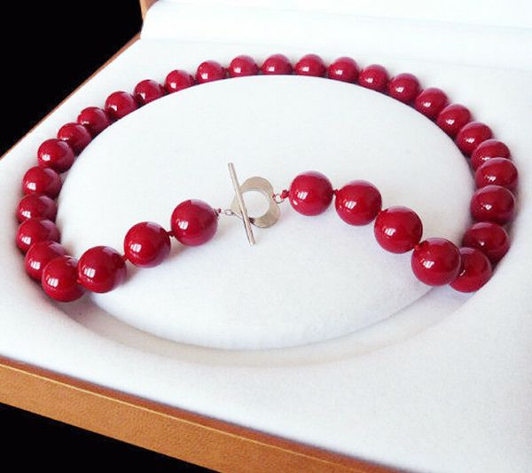 

fashion 12mm coral red south sea shell pearl round beads necklace 18&quotno box, Silver