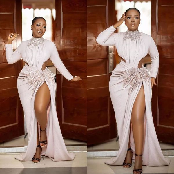 

mermaid wedding dresses long sleeves high neck tulle lace applique sequins front slit waist hollow wedding gowns sweep train vestido de novi, White