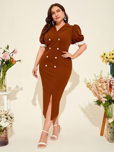 

plus notch neck puff sleeve double breasted dress x92g#, Black