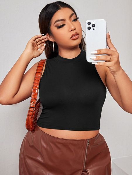

plus mock neck crop tank x9i7#, Black