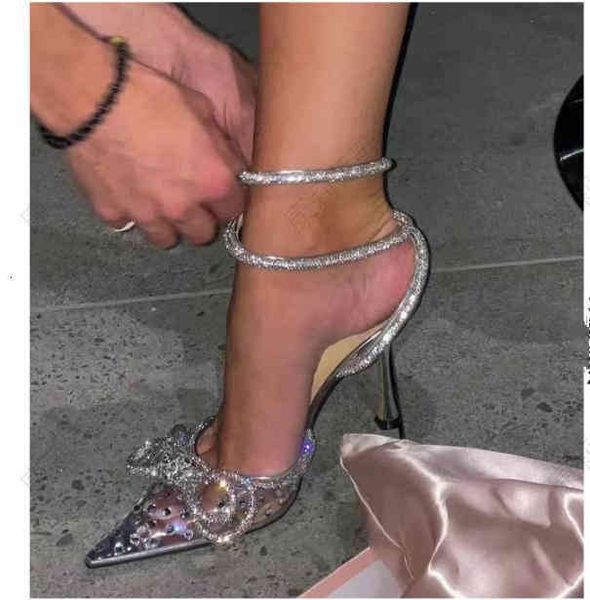 

double bow mach crystal-embellished transparent drill sandals pumps high heels shoes evening women luxurys designers dress wpcj, Black