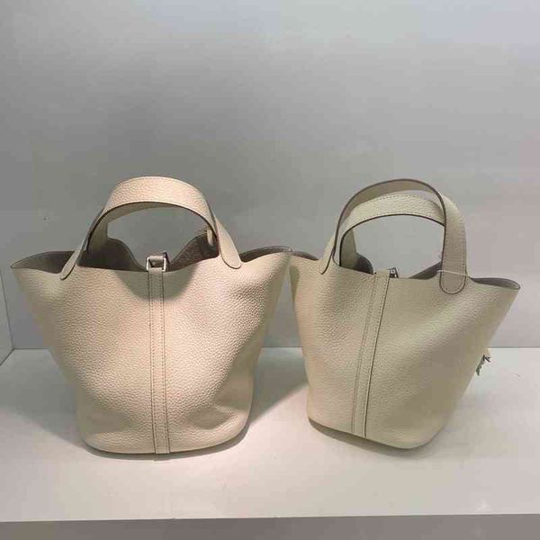 

h's color matching vegetable basket layer cowhide togo leather women's bag litchi pattern bucket bag